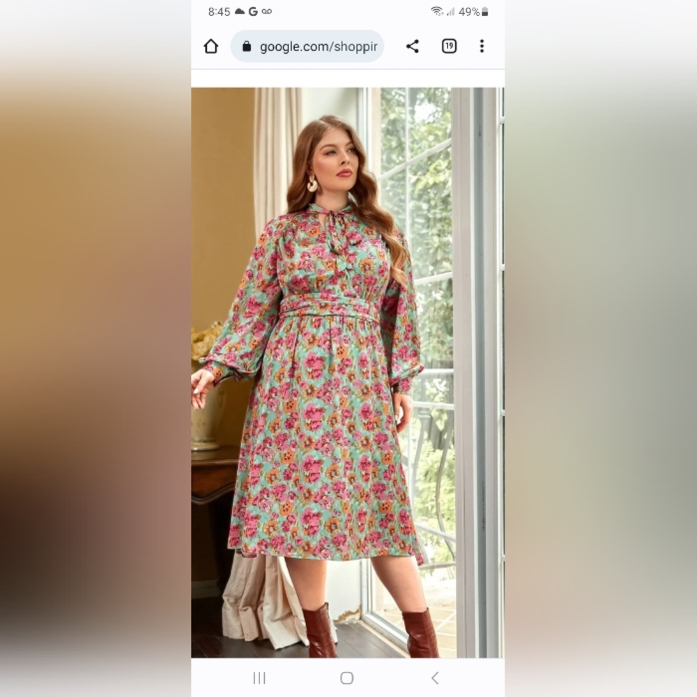 Shein floral tie neck, lantern sleeve dress